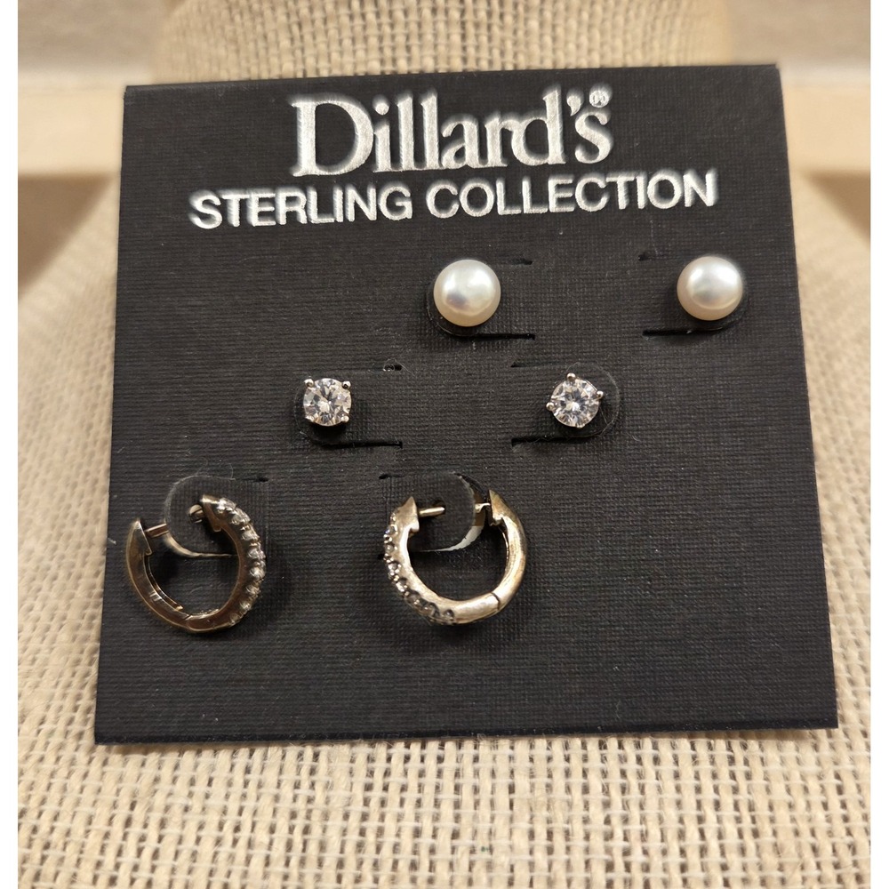 Dillard's Sterling Silver Collection Earrings Studs & Huggie Earrings - 3 Pairs‎